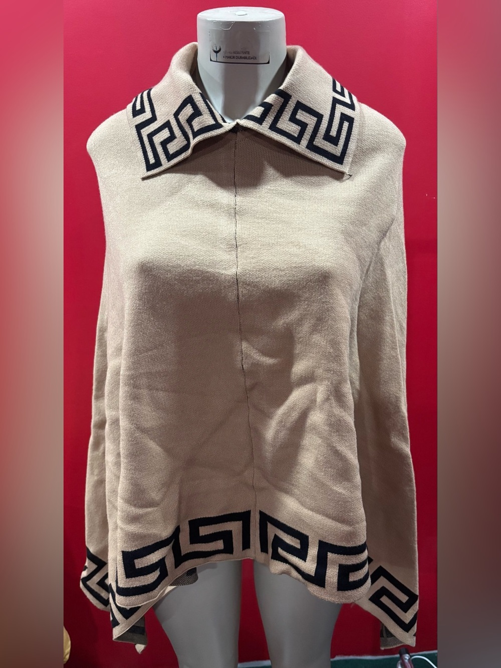 Women's Cream Knit Cape with Black Geometric Trim